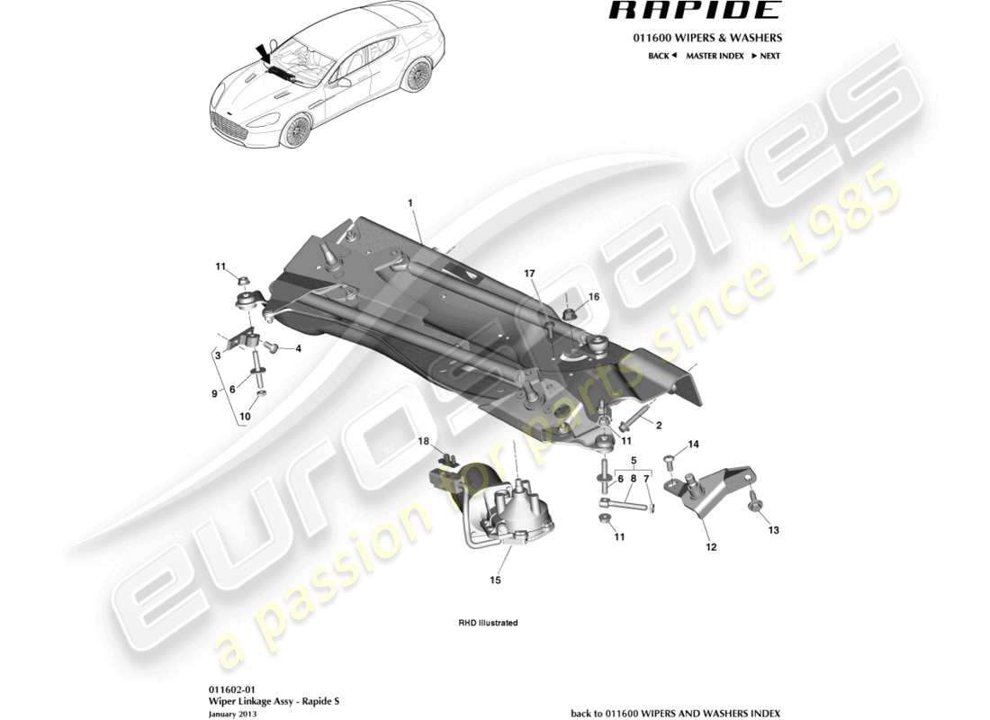 aston martin rapide (2011) wischergestänge, s-teilediagramm