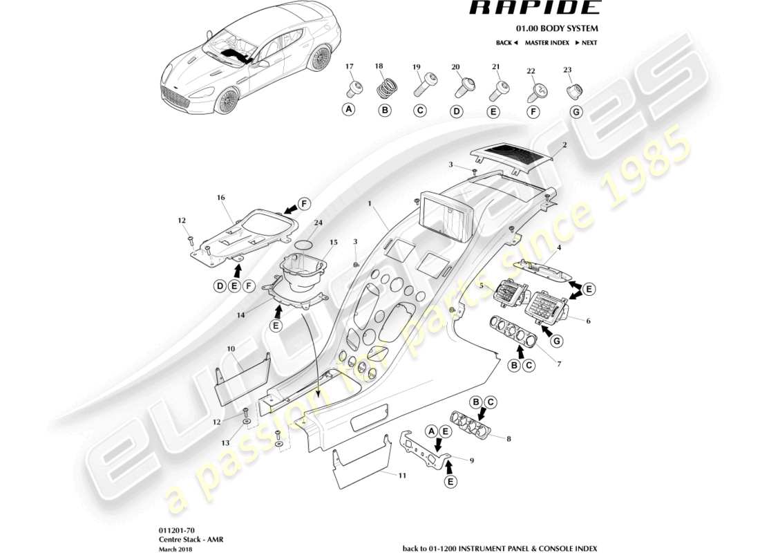 aston martin rapide (2012) mittelkonsolenverkleidung, amr-ersatzteildiagramm
