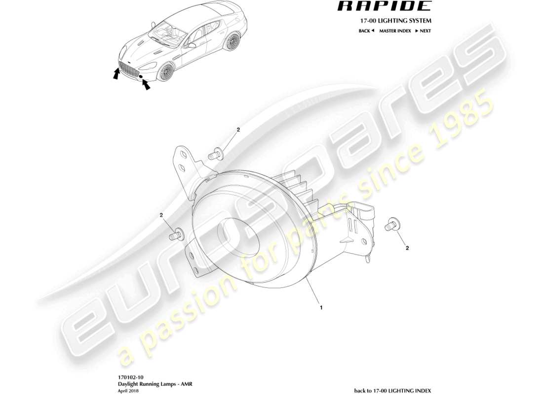 aston martin rapide (2012) tagfahrleuchten, amr-teilediagramm