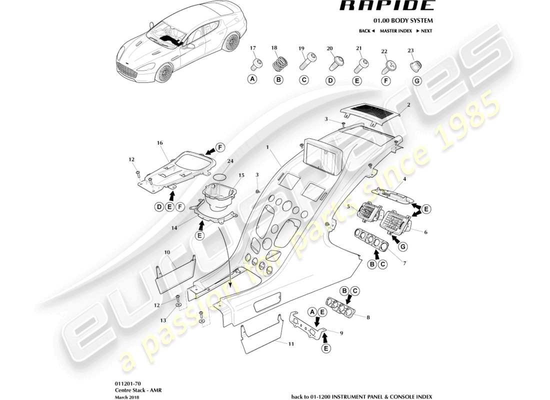 aston martin rapide (2011) mittelkonsolenverkleidung, amr-ersatzteildiagramm