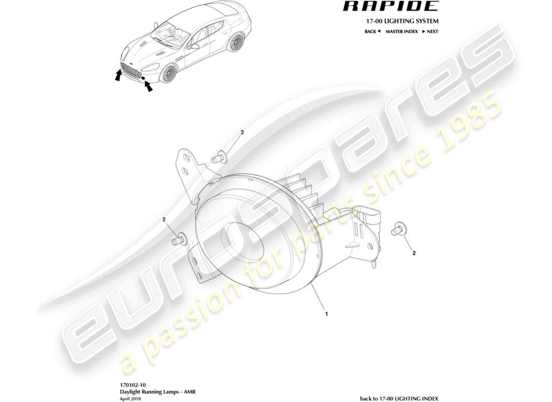 aston martin rapide (2011) tagfahrleuchten, amr-teilediagramm