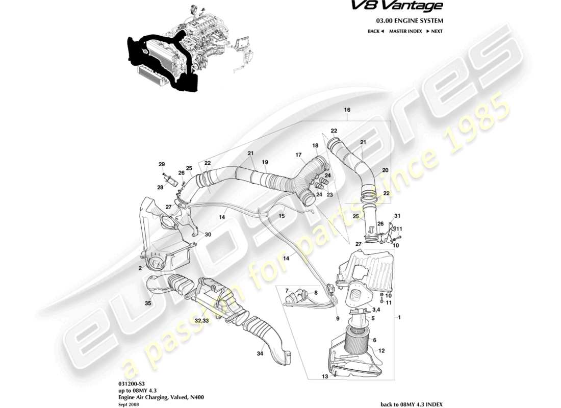 aston martin v8 vantage (2006) luftaufladung, n400 teilediagramm