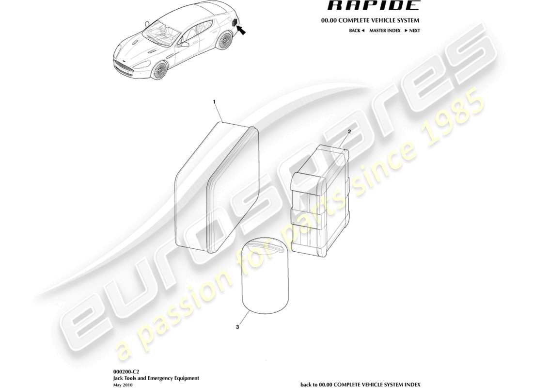 aston martin rapide (2011) teilediagramm für reifennotfallausrüstung