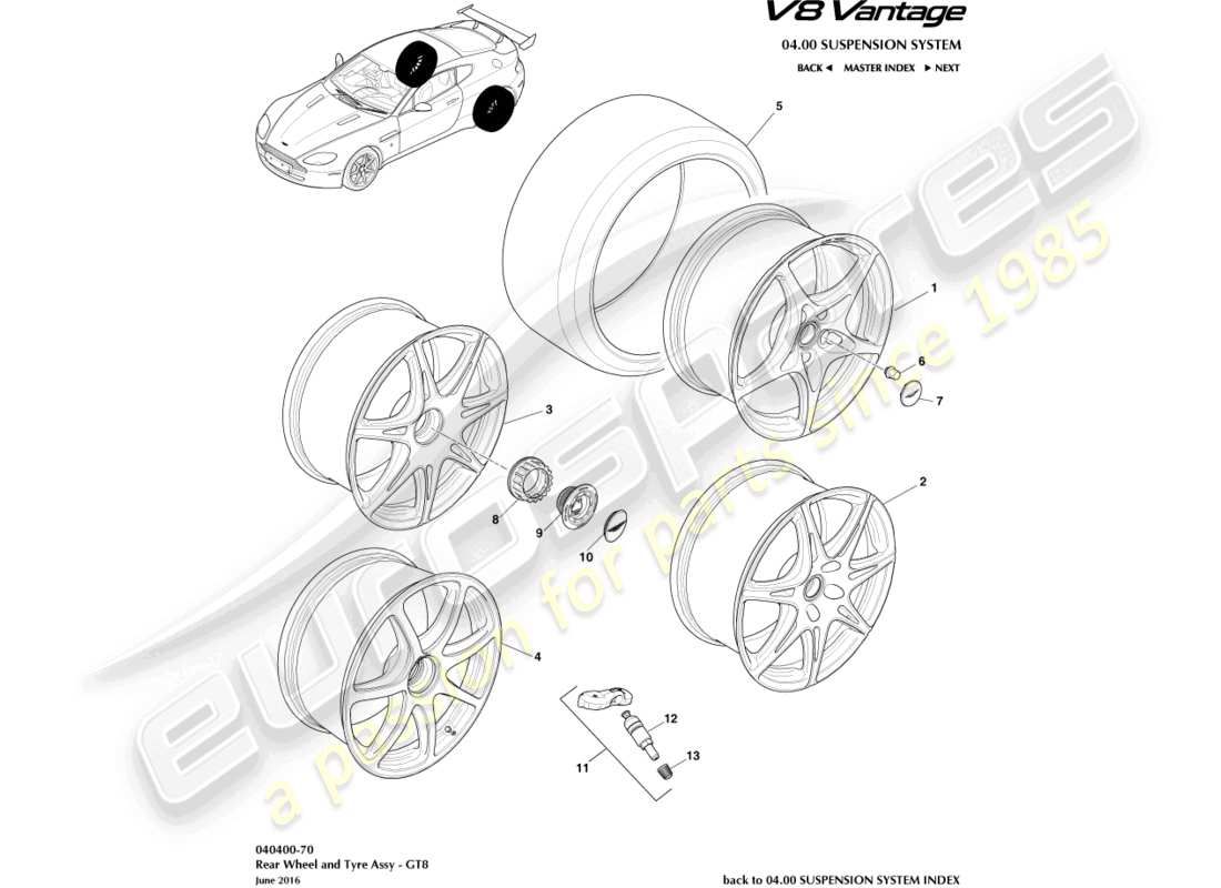 aston martin v8 vantage (2012) hinterräder und reifen, gt8 ersatzteildiagramm