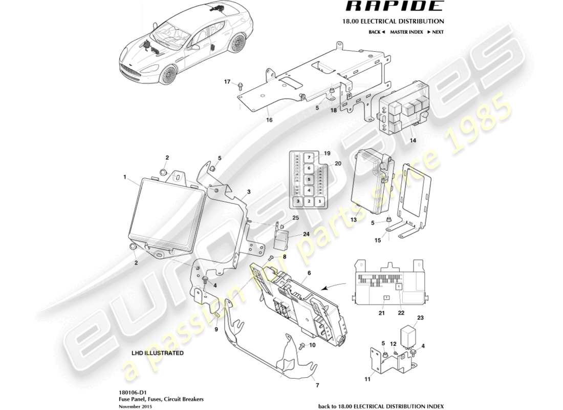 aston martin rapide (2018) teilediagramm für sicherungskästen