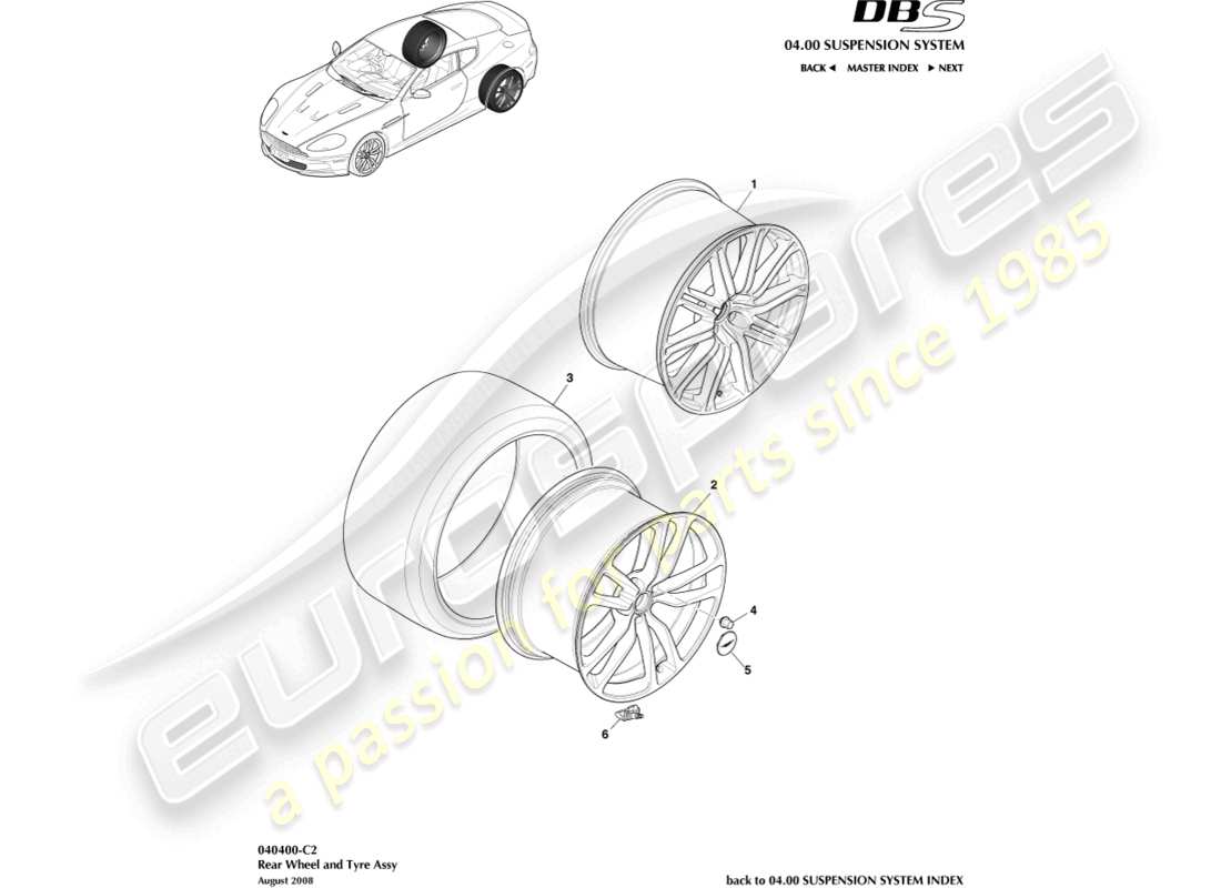 aston martin dbs (2014) teilediagramm für hinterräder und reifen