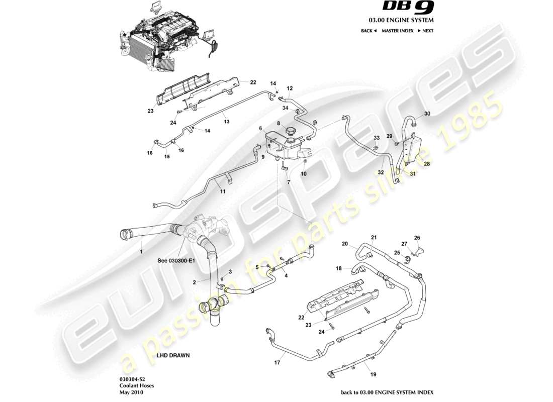 aston martin db9 (2012) teilediagramm für kühlmittelschläuche und -behälter