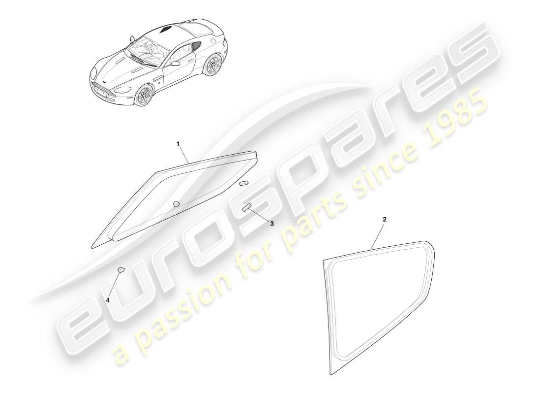 aston martin v8 vantage (2007) hinteres seitenfenster, coupé-teilediagramm