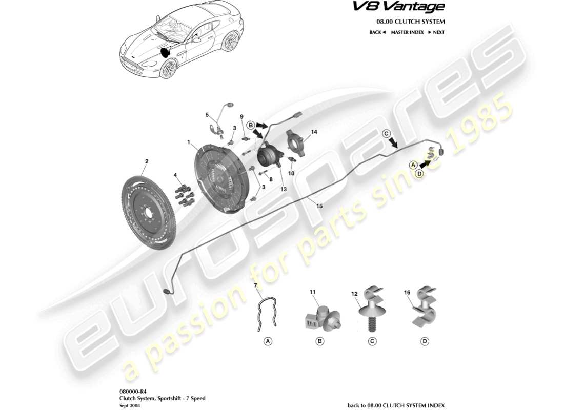 aston martin v8 vantage (2008) kupplungssystem, sportshift 7 spd ersatzteildiagramm