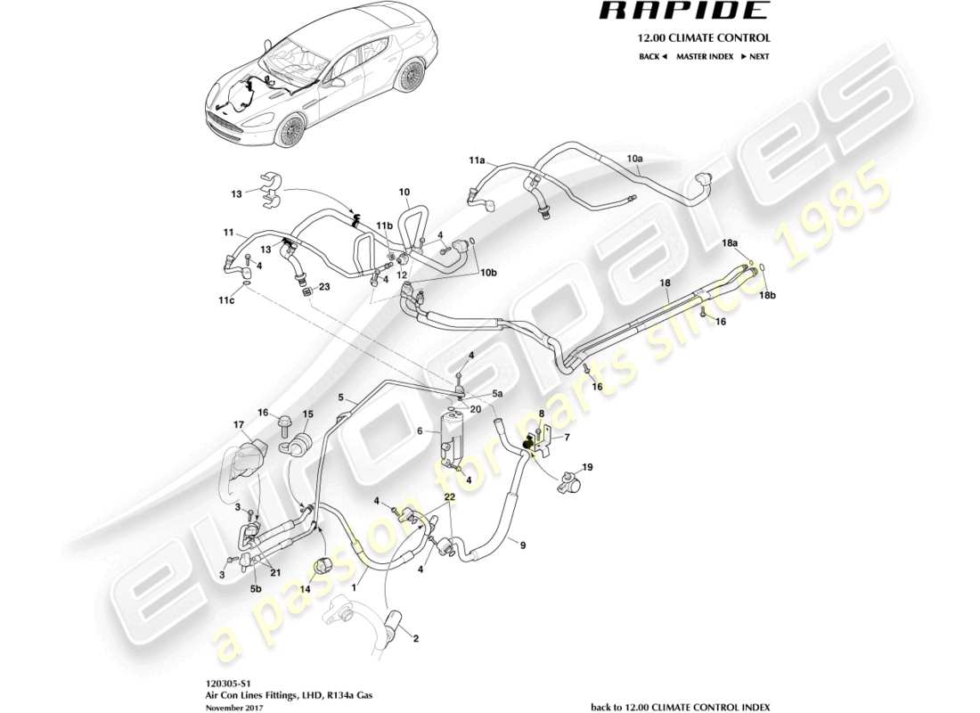 aston martin rapide (2011) klimaanlagenleitungen, r134a, lhd-ersatzteildiagramm