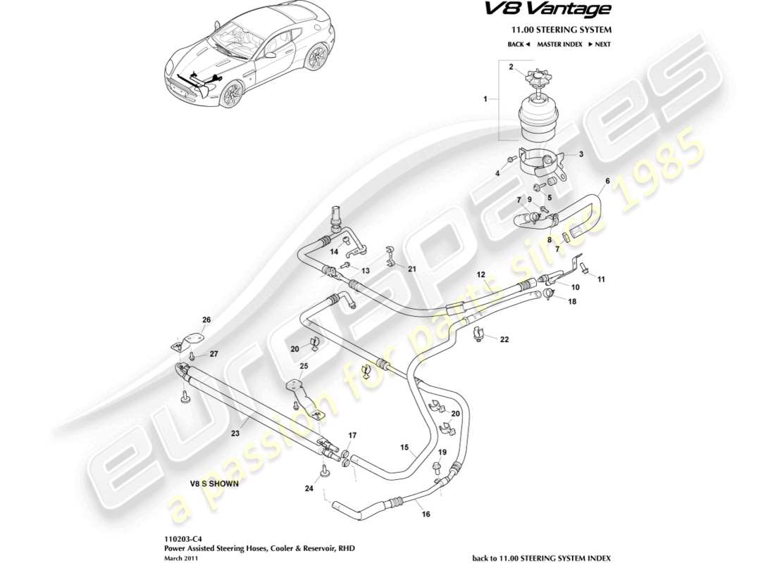 aston martin v8 vantage (2014) kühler, schläuche und behälter, rhd-ersatzteildiagramm