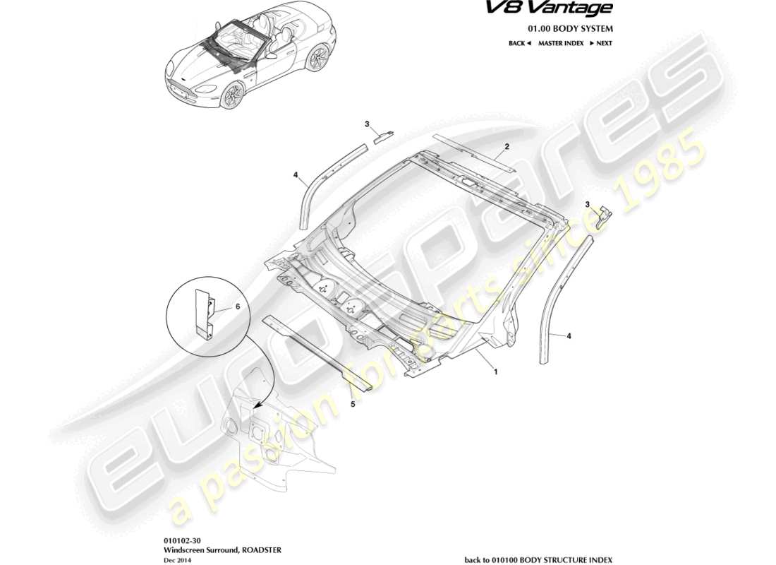 aston martin v8 vantage (2008) armaturenbrett und motorhaube, roadster-ersatzteildiagramm