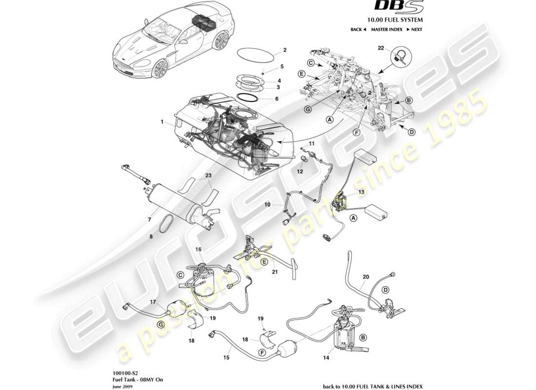 aston martin dbs (2008) kraftstofftankbaugruppe, 08my im ersatzteildiagramm