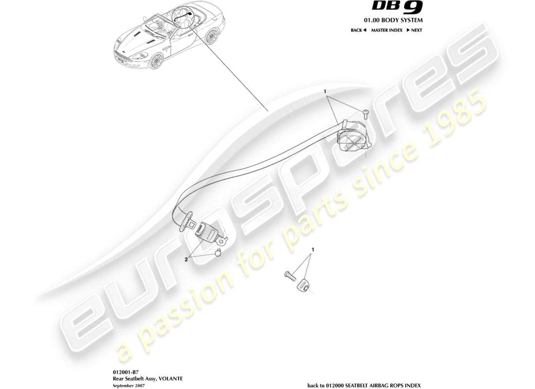 aston martin db9 (2012) sicherheitsgurte hinten, volante-teilediagramm