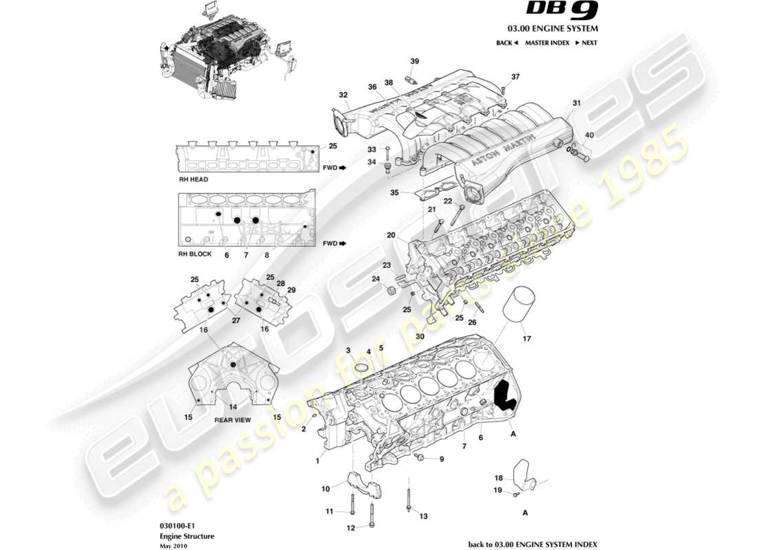 aston martin db9 (2010) teilediagramm der motorstruktur