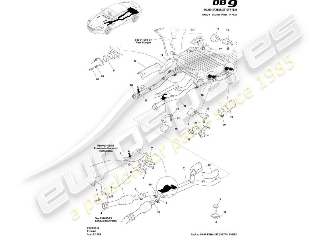 aston martin db9 (2005) auspuffanlage teilediagramm