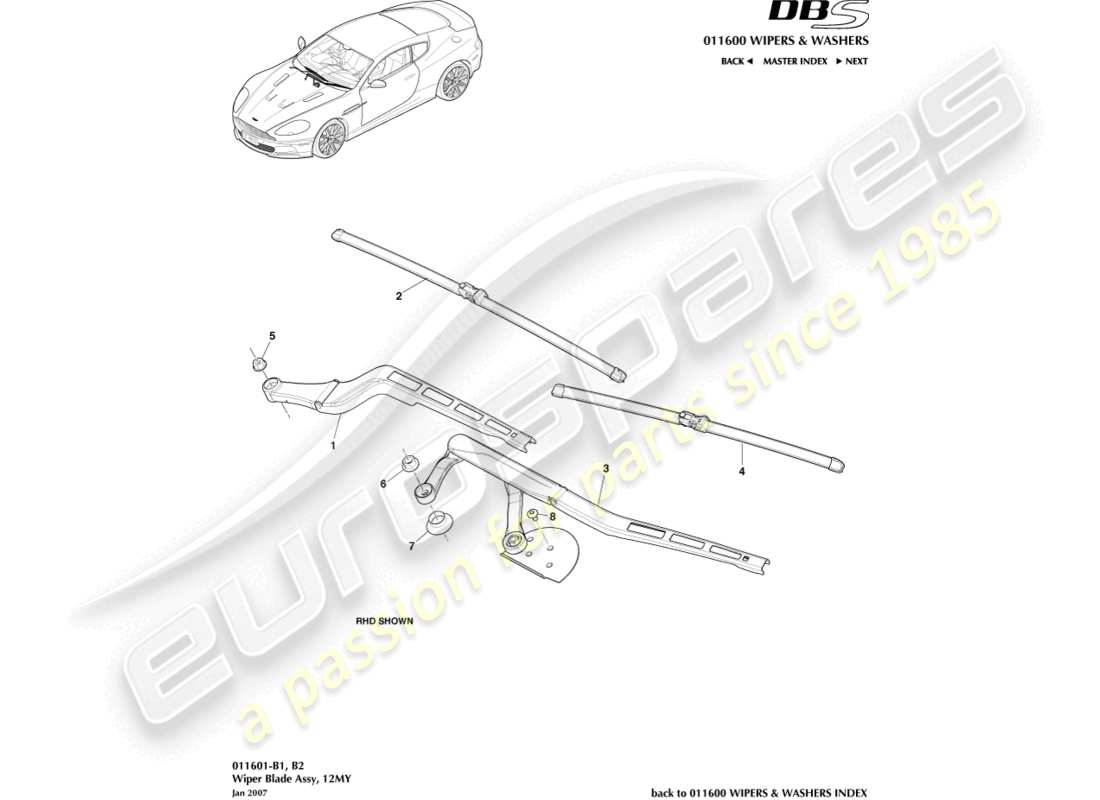 aston martin dbs (2009) wischerblattbaugruppe, 12my teilediagramm