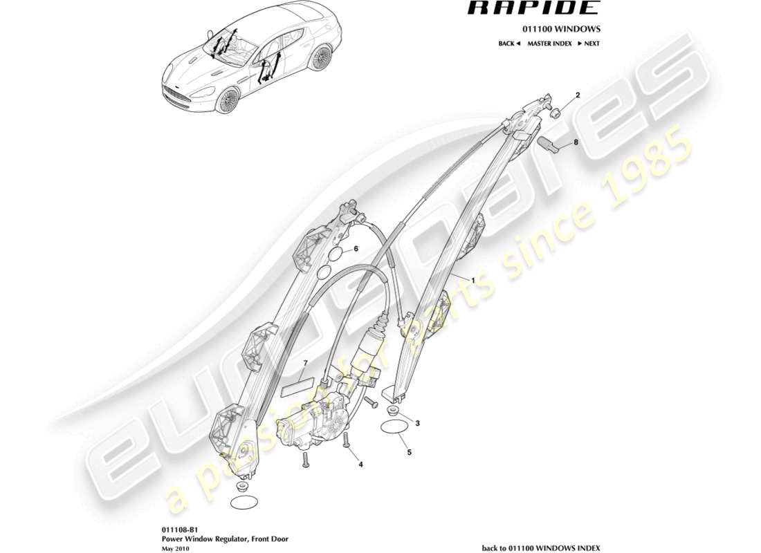 aston martin rapide (2011) teilediagramm für vorderen fensterheber