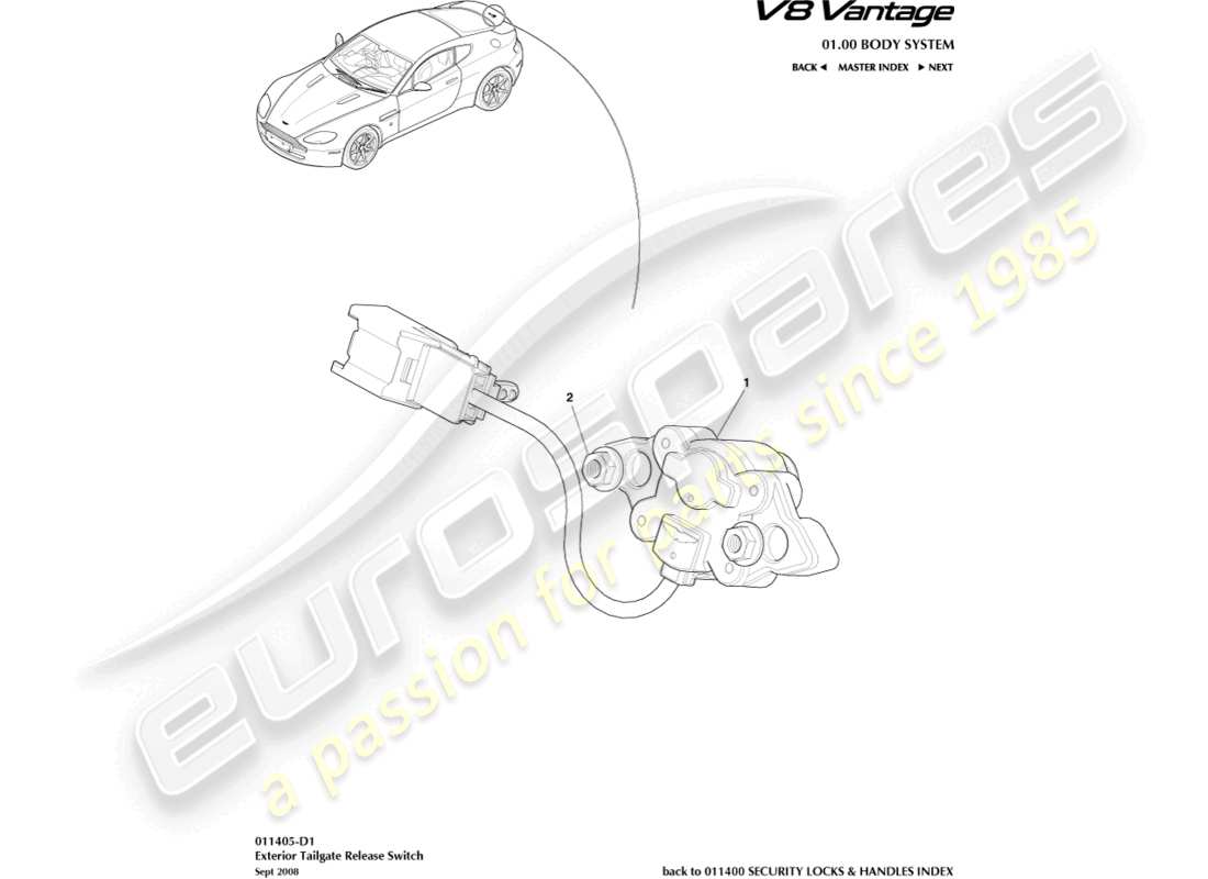 aston martin v8 vantage (2011) teilediagramm für heckklappenentriegelung