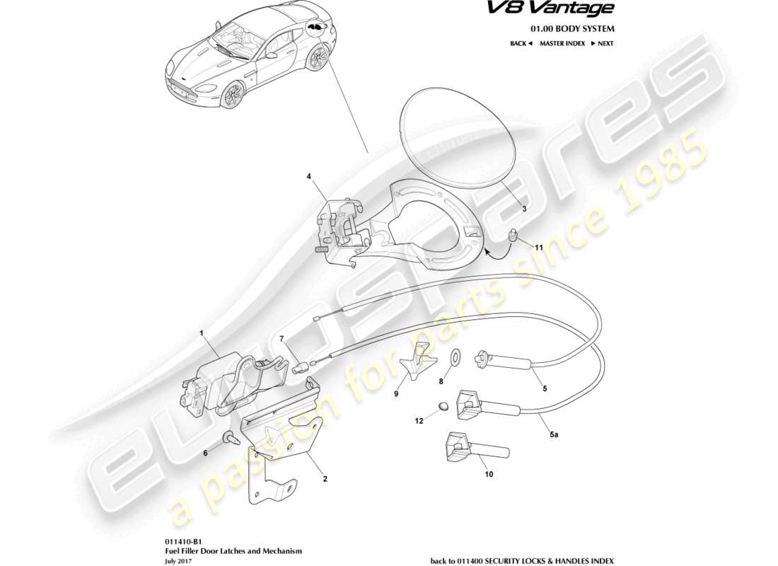 aston martin v8 vantage (2014) kraftstoffeinfüllmechanismus, coupé-teilediagramm
