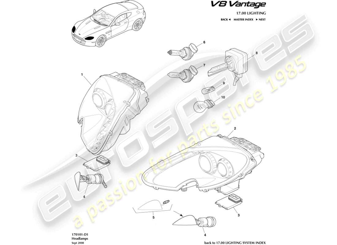 aston martin v8 vantage (2014) scheinwerfer ersatzteildiagramm