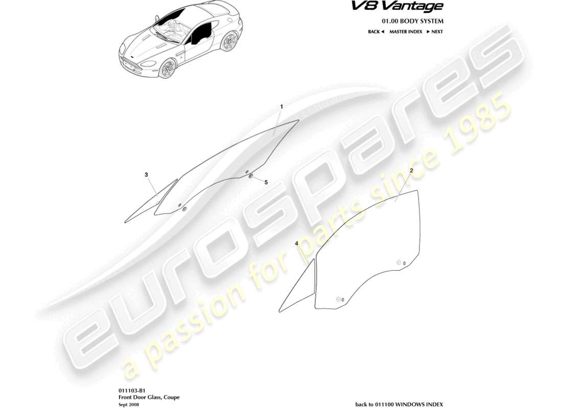 aston martin v8 vantage (2017) türglas, coupé-ersatzteildiagramm