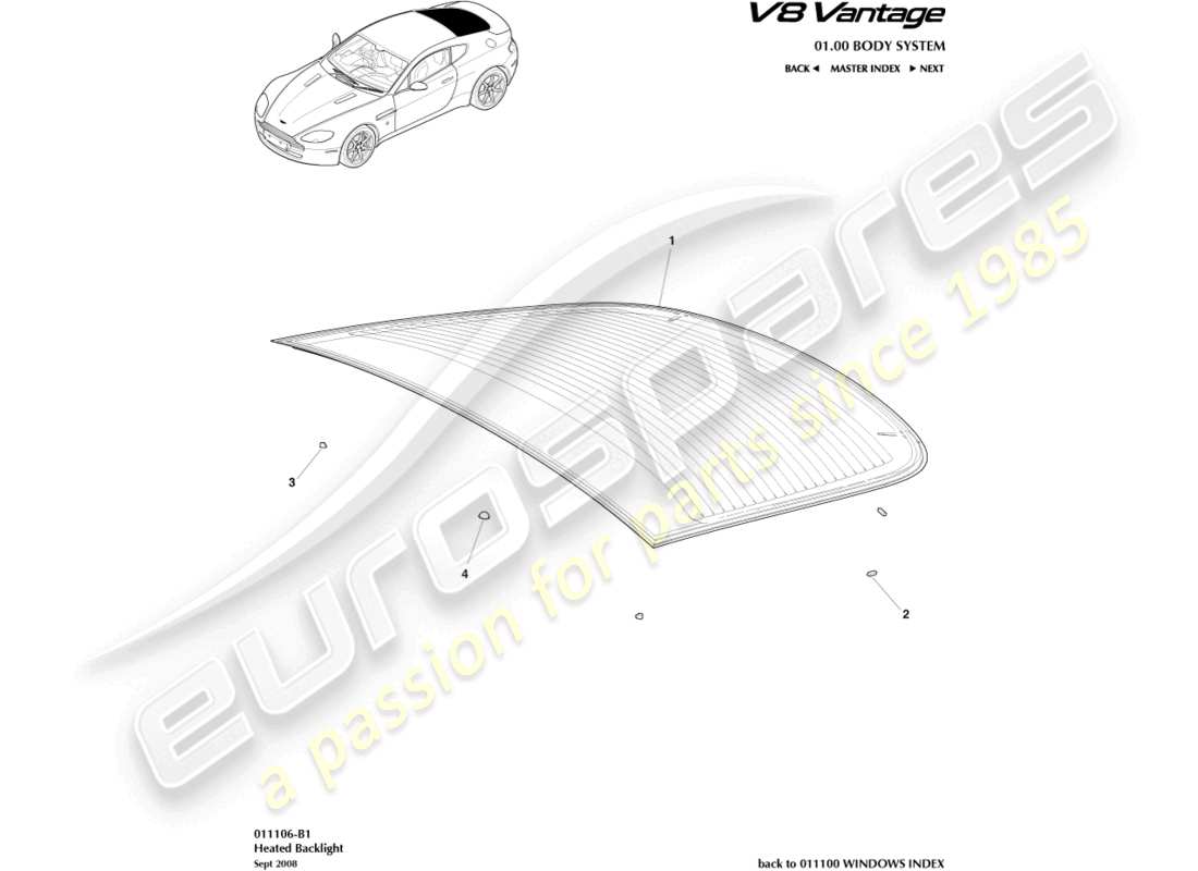 aston martin vantage gt8 (2017) teilediagramm der heckscheibe
