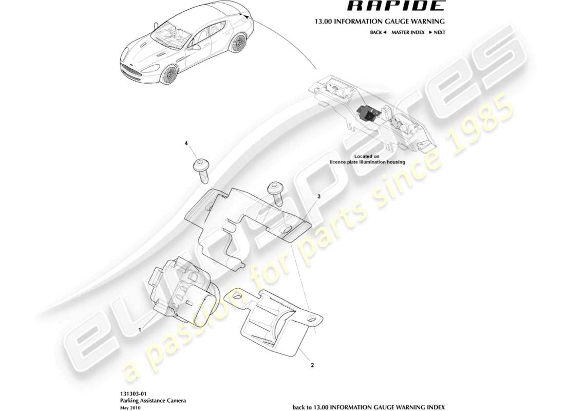 aston martin rapide (2011) teilediagramm der einparkhilfekamera