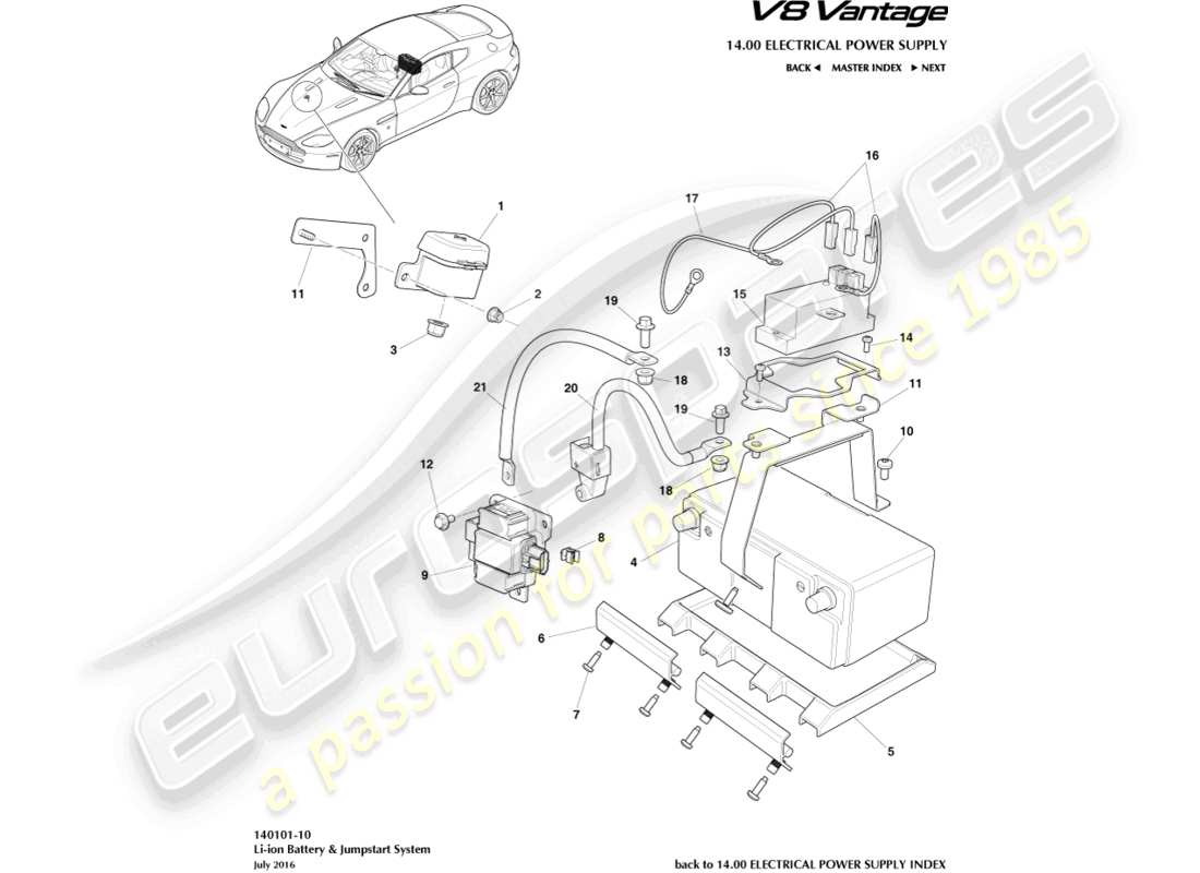 aston martin v8 vantage (2010) batterie, lithium-ionen-teilediagramm