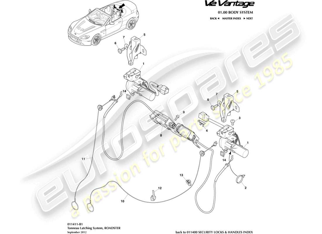 aston martin v12 vantage (2010) teilediagramm des tonneau-verriegelungssystems