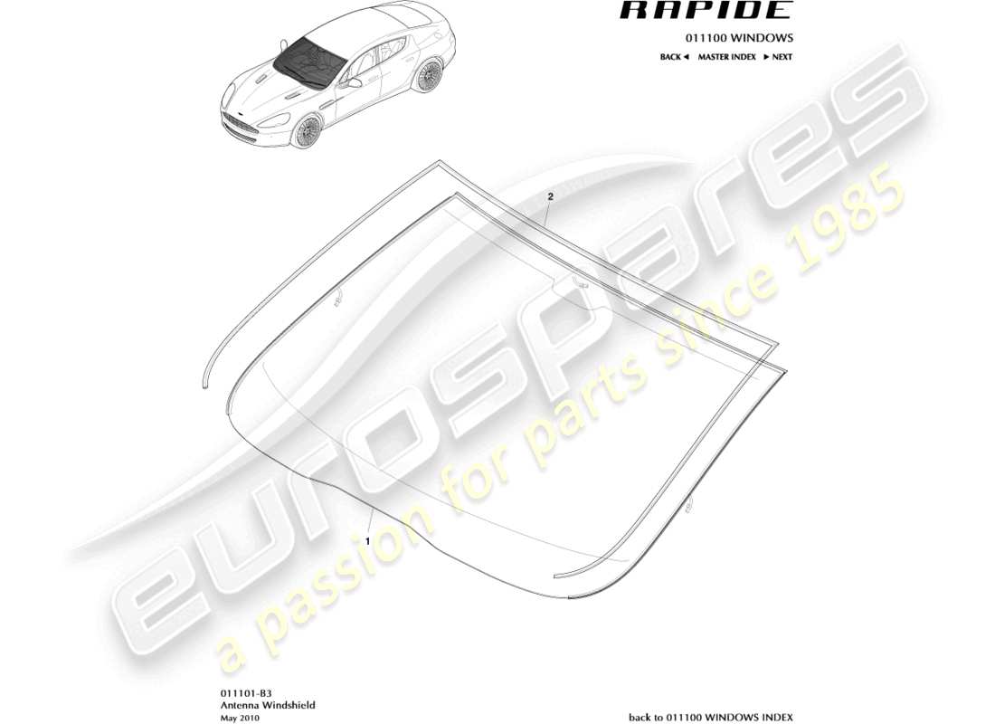 aston martin rapide (2011) windschutzscheiben-teilediagramm