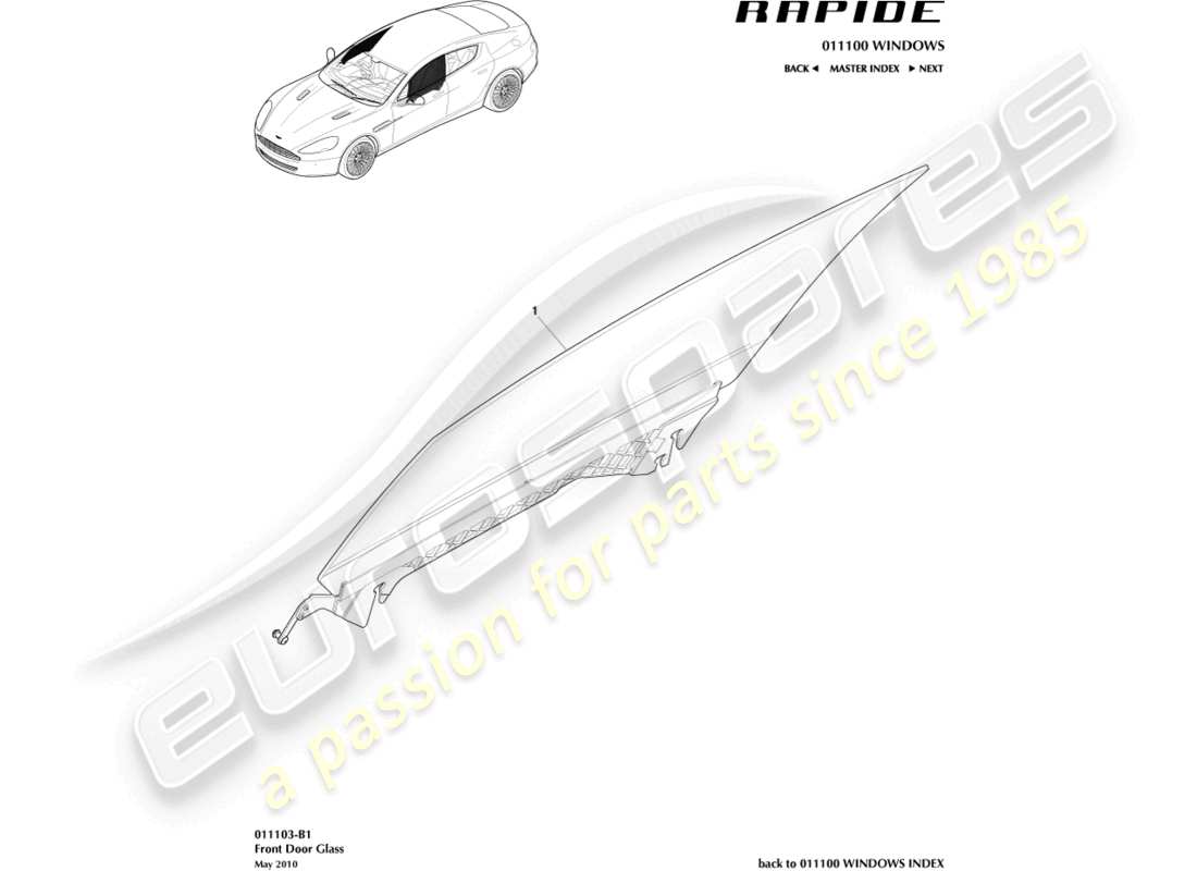 aston martin rapide (2011) teilediagramm für vordertürglas