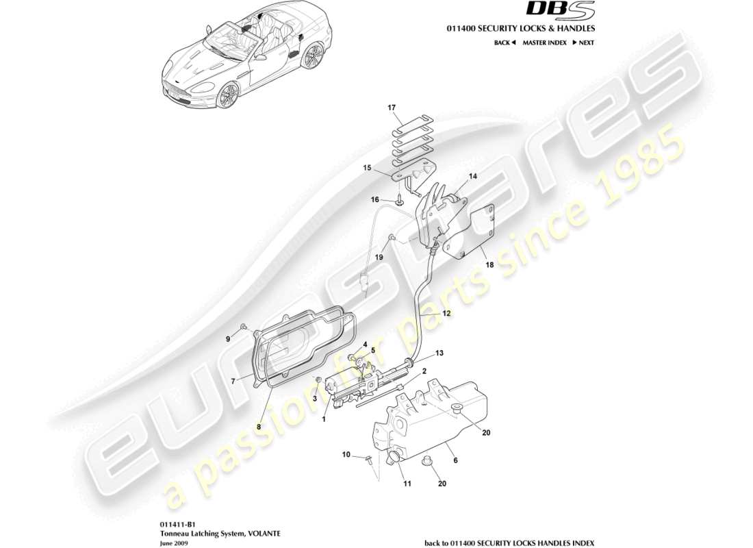 aston martin dbs (2010) teilediagramm des tonneau-verriegelungssystems