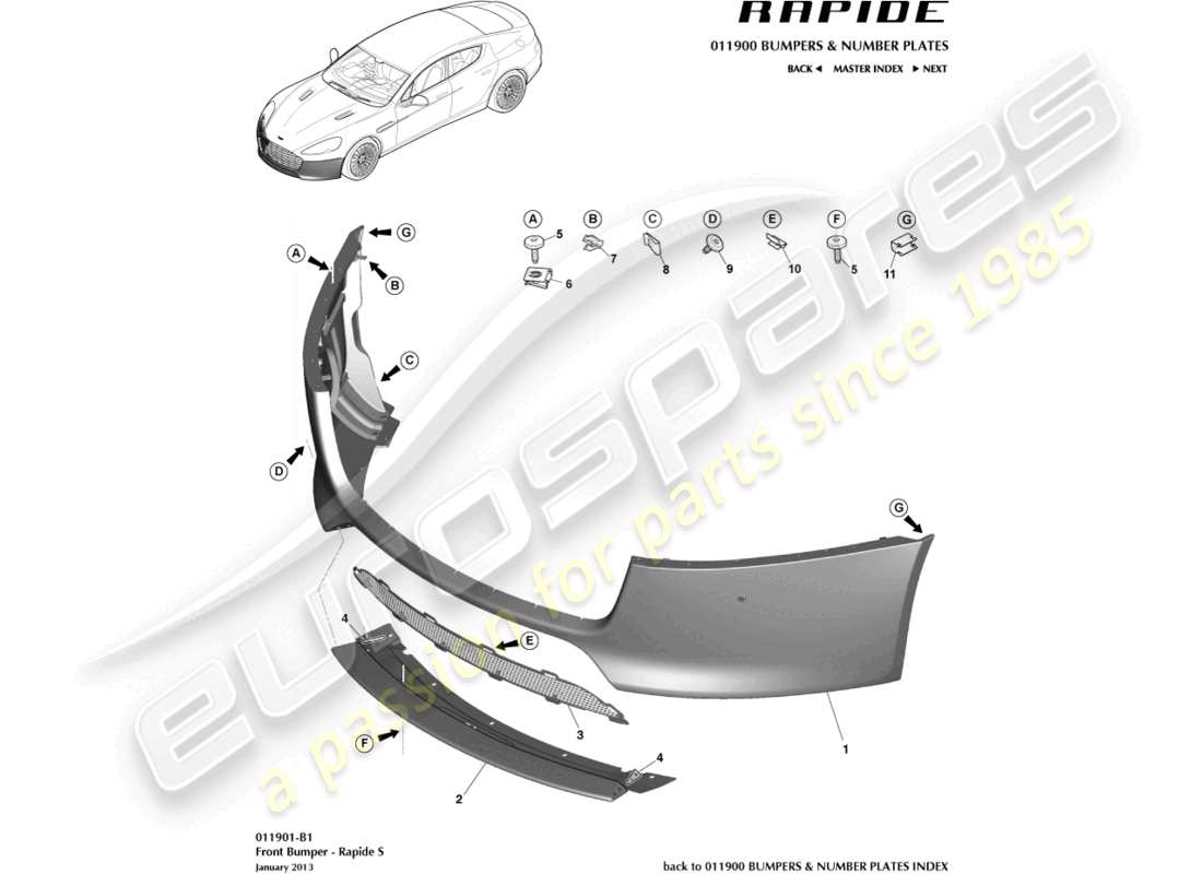 aston martin rapide (2011) vordere stoßstange, s-teilediagramm