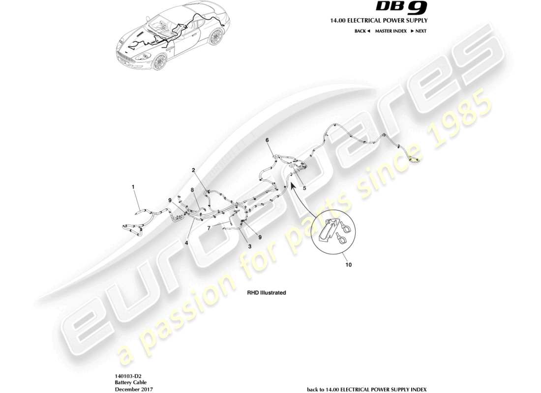 aston martin db9 (2007) batteriekabel, coupé-teilediagramm