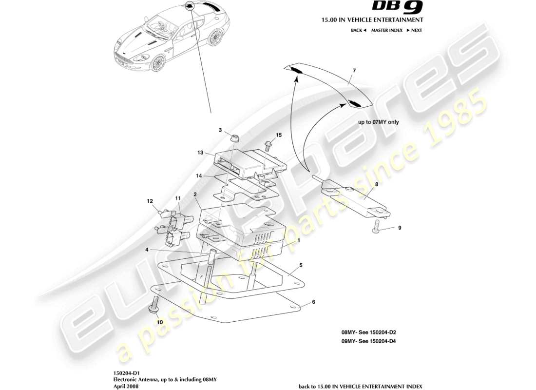 aston martin db9 (2008) teilediagramm für elektronische antenne