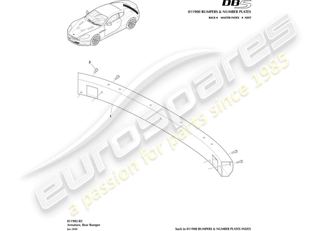 aston martin dbs (2014) teilediagramm für die hintere stoßstangenhalterung