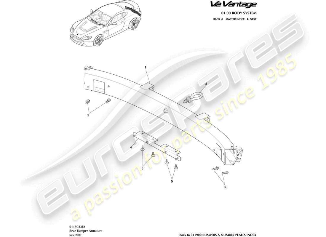 aston martin v12 vantage (2011) teilediagramm für die hintere stoßstangenhalterung
