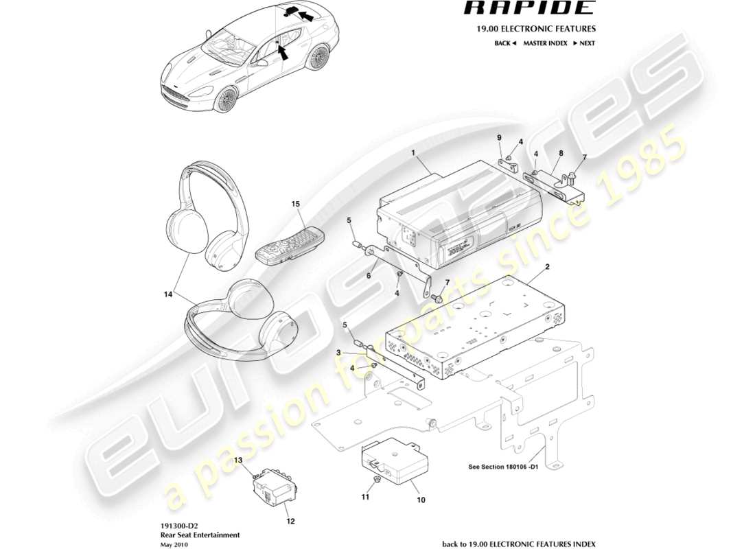 aston martin rapide (2019) teilediagramm für rücksitz-entertainment