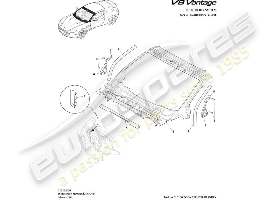 aston martin v8 vantage (2013) armaturenbrett und motorhaube, coupé-teilediagramm