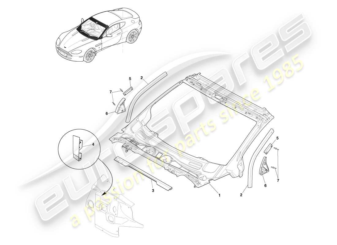 aston martin v8 vantage (2005) armaturenbrett und motorhaube, coupé-teilediagramm