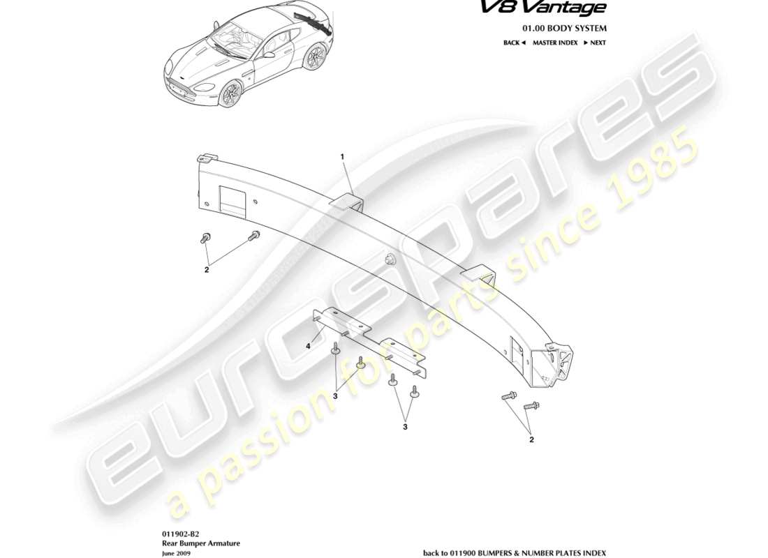 aston martin v8 vantage (2018) teilediagramm für die hintere stoßstangenhalterung