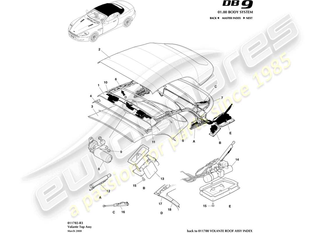 aston martin db9 (2011) teilediagramm für die volante-dachbaugruppe