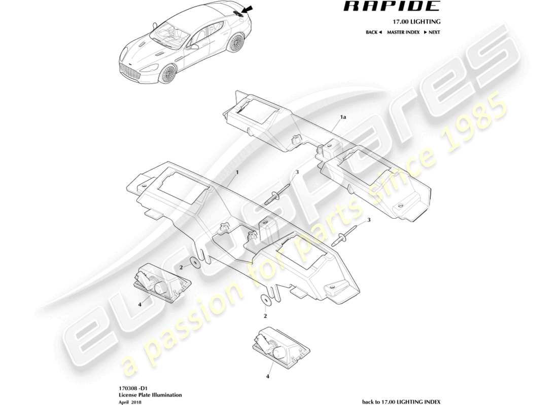 aston martin rapide (2011) teilediagramm für kennzeichenleuchten