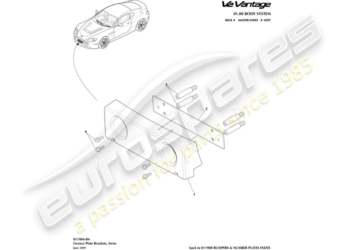 aston martin v12 vantage (2010) nummernschildhalter, schweiz ersatzteildiagramm
