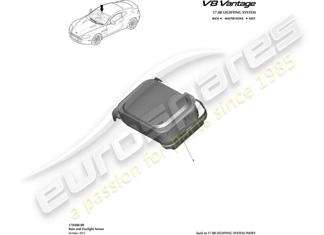 aston martin v8 vantage (2018) teilediagramm des regen- und tageslichtsensors