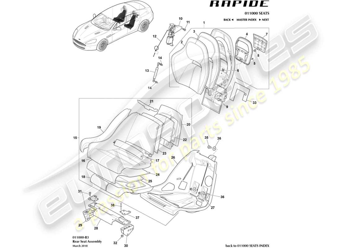 aston martin rapide (2011) rücksitze ersatzteildiagramm