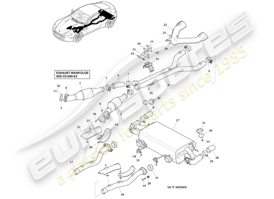 aston martin v8 vantage (2005) auspuffanlage teilediagramm