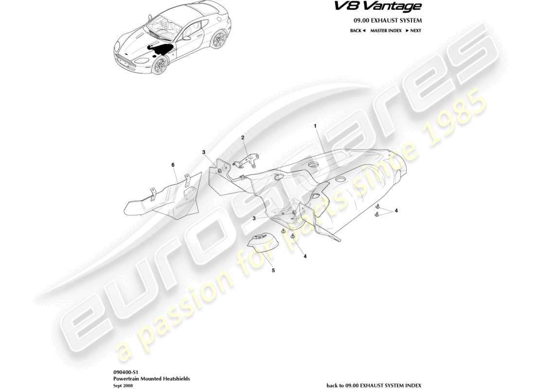 aston martin v8 vantage (2010) teilediagramm des hitzeschild-subsystems