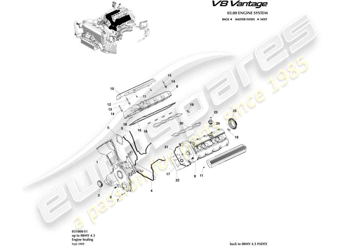 aston martin v8 vantage (2017) teilediagramm für motordichtungen